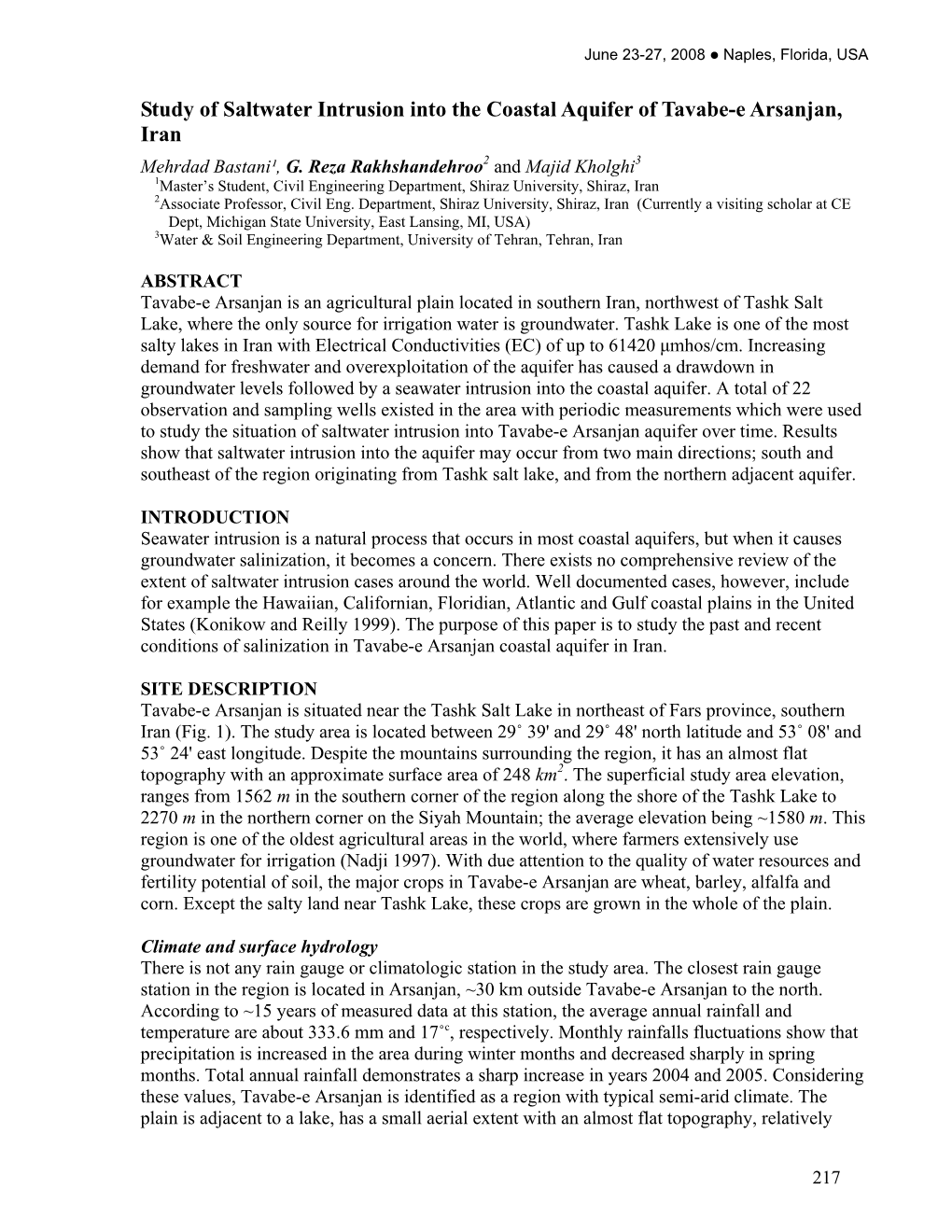 Study of Saltwater Intrusion Into the Coastal Aquifer of Tavabe-E Arsanjan, Iran Mehrdad Bastani¹, G