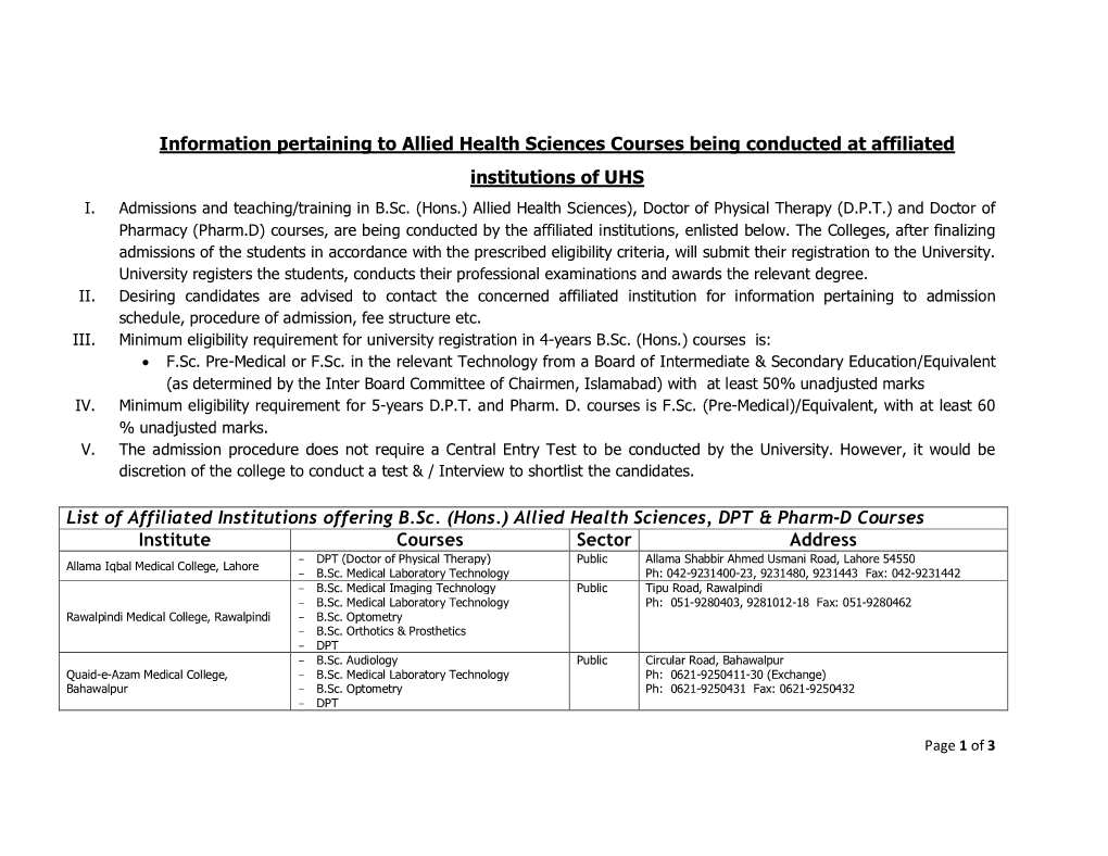 Information Pertaining to Allied Health Sciences Courses Being Conducted at Affiliated Institutions of UHS I
