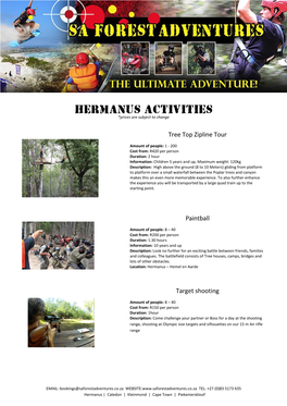Hermanus Activities *Prices Are Subject to Change