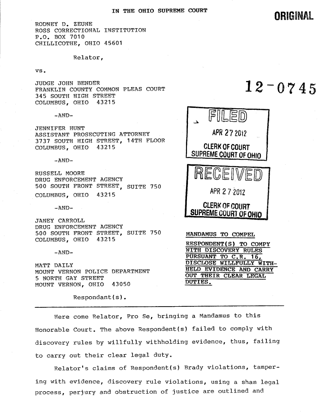 A. RUD JENNIFER HUNT ASSISTANT PROSECUTING ATTORNEY APR 272W 3737 SOUTH HIGH STREET, 14TH FLOOR COLUMBUS, OHIO 43215 CLERK of COURT SUPREMECOURT of OHIO -AND