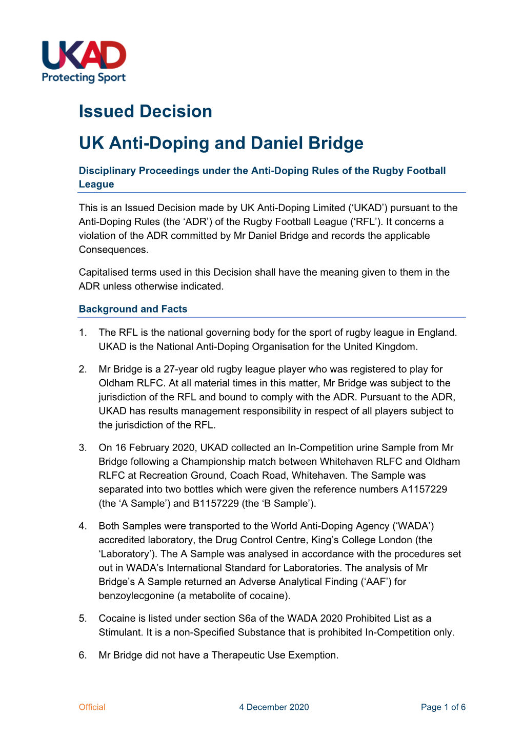 Issued Decision UK Anti-Doping and Daniel Bridge