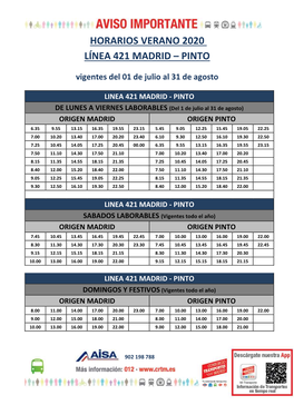 Horarios Verano 2020 Línea 421 Madrid – Pinto