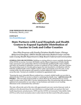 State Partners with Local Hospitals and Health Centers to Expand Equitable Distribution of Vaccine in Cook and Collar Counties
