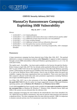 Wannacry Ransomware Campaign Exploiting SMB Vulnerability