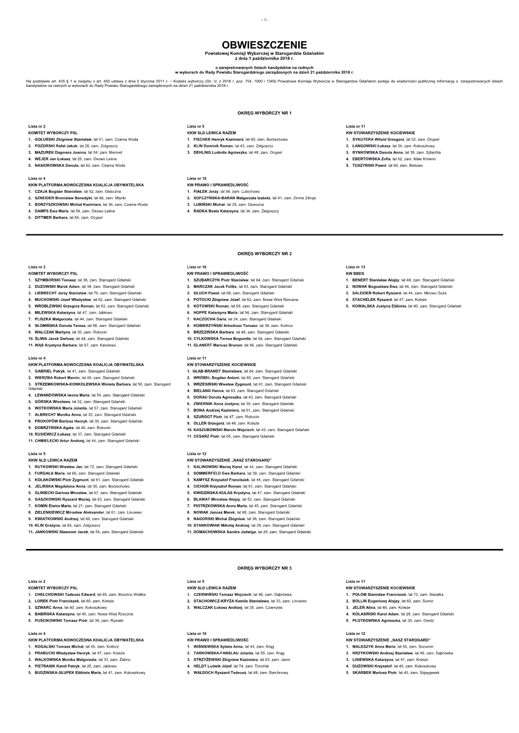 OBWIESZCZENIE Powiatowej Komisji Wyborczej W Starogardzie Gdańskim Z Dnia 1 Października 2018 R