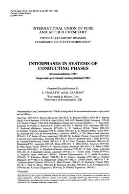 INTERPHASES in SYSTEMS of CONDUCTING PHASES (Recommendations 1985) (Supersedes Provisional Version Published 1983)
