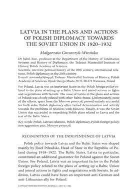 Małgorzata Gmurczyk-Wrońska. Latvia in the Plans and Actions of Polish Diplomacy Towards the Soviet Union