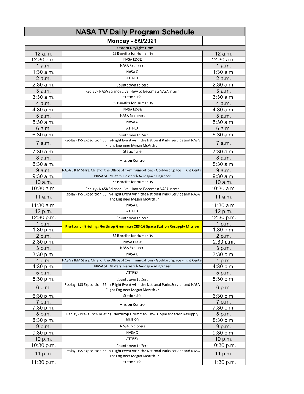 NASA TV Daily Program Schedule Monday - 8/9/2021 Eastern Daylight Time 12 A.M