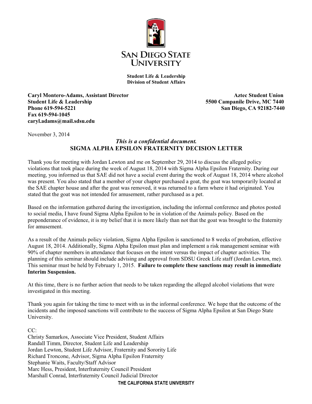 This Is a Confidential Document. SIGMA ALPHA EPSILON FRATERNITY DECISION LETTER