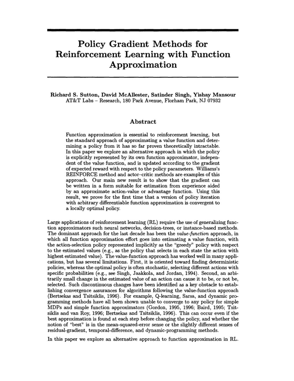 Policy Gradient Methods for RL with Function Approximation 1059