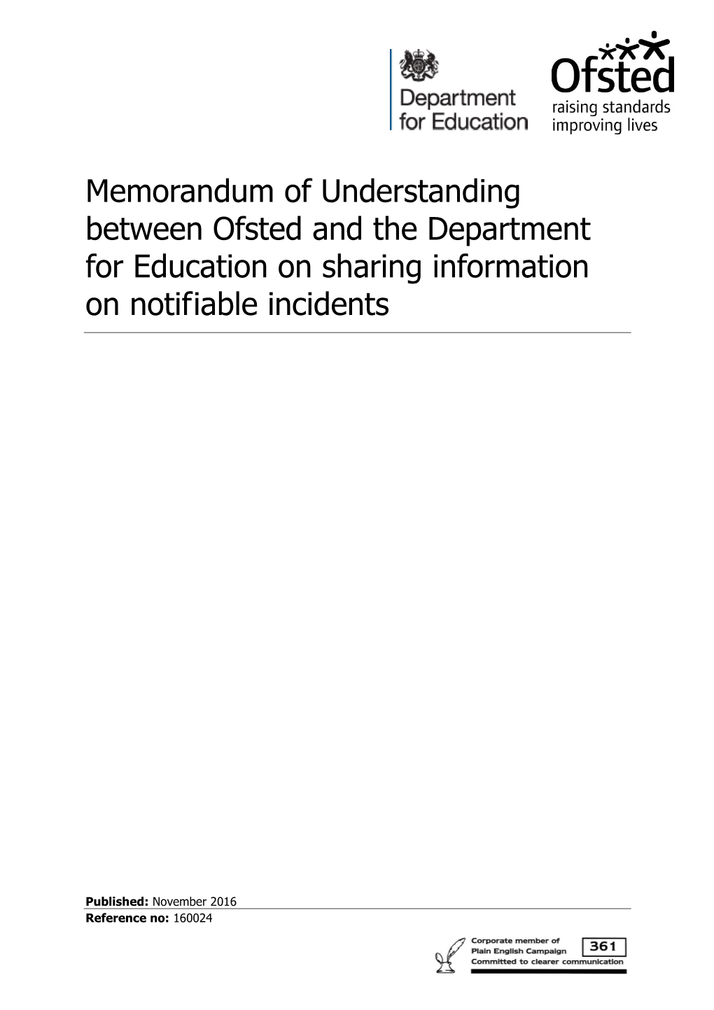 Memorandum of Understanding Between Ofsted and the Department for Education on Sharing Information on Notifiable Incidents