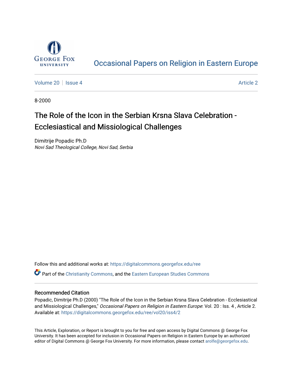 The Role of the Icon in the Serbian Krsna Slava Celebration - Ecclesiastical and Missiological Challenges
