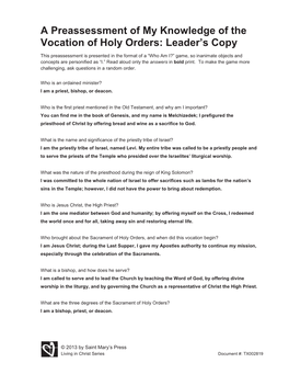 A Preassessment of My Knowledge of the Vocation of Holy Orders: Leader’S Copy