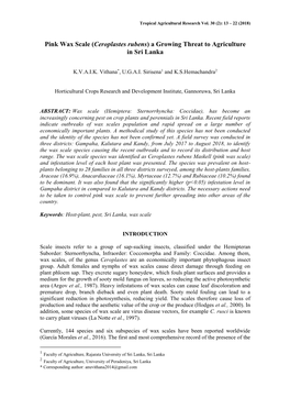 Pink Wax Scale (Ceroplastes Rubens) a Growing Threat to Agriculture in Sri Lanka