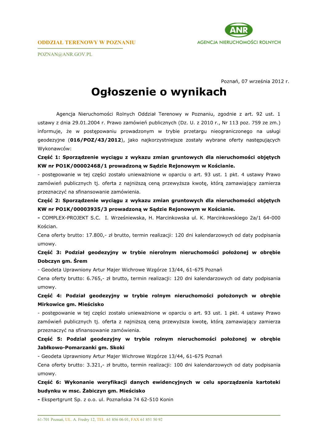 Ogłoszenie O Wynikach