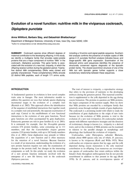 Evolution of a Novel Function: Nutritive Milk in the Viviparous Cockroach, Diploptera Punctata