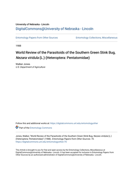 World Review of the Parasitoids of the Southern Green Stink Bug, Nezara Viridula (L.) (Heteroptera: Pentatomidae)