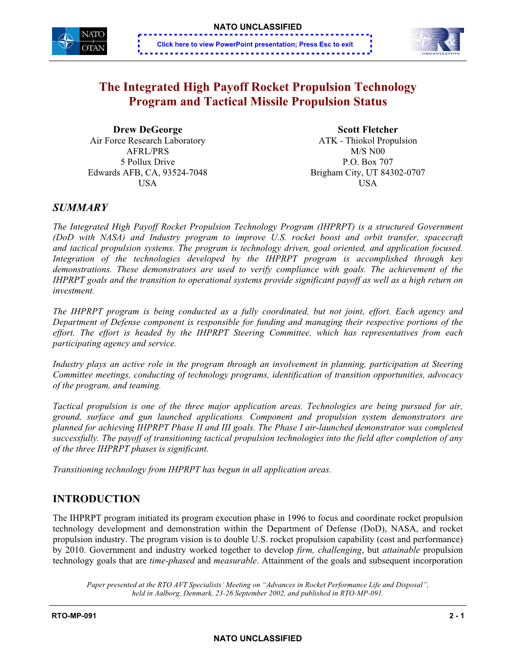 The Integrated High Payoff Rocket Propulsion Technology Program and Tactical Missile Propulsion Status