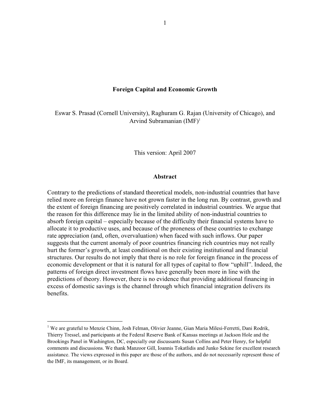 1 Foreign Capital and Economic Growth Eswar S. Prasad