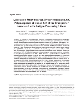 Association Study Between Hypertension and A/G Polymorphism at Codon 637 of the Transporter Associated with Antigen Processing 1 Gene