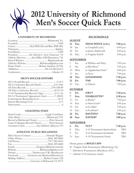 2012 University of Richmond Men's Soccer Quick Facts