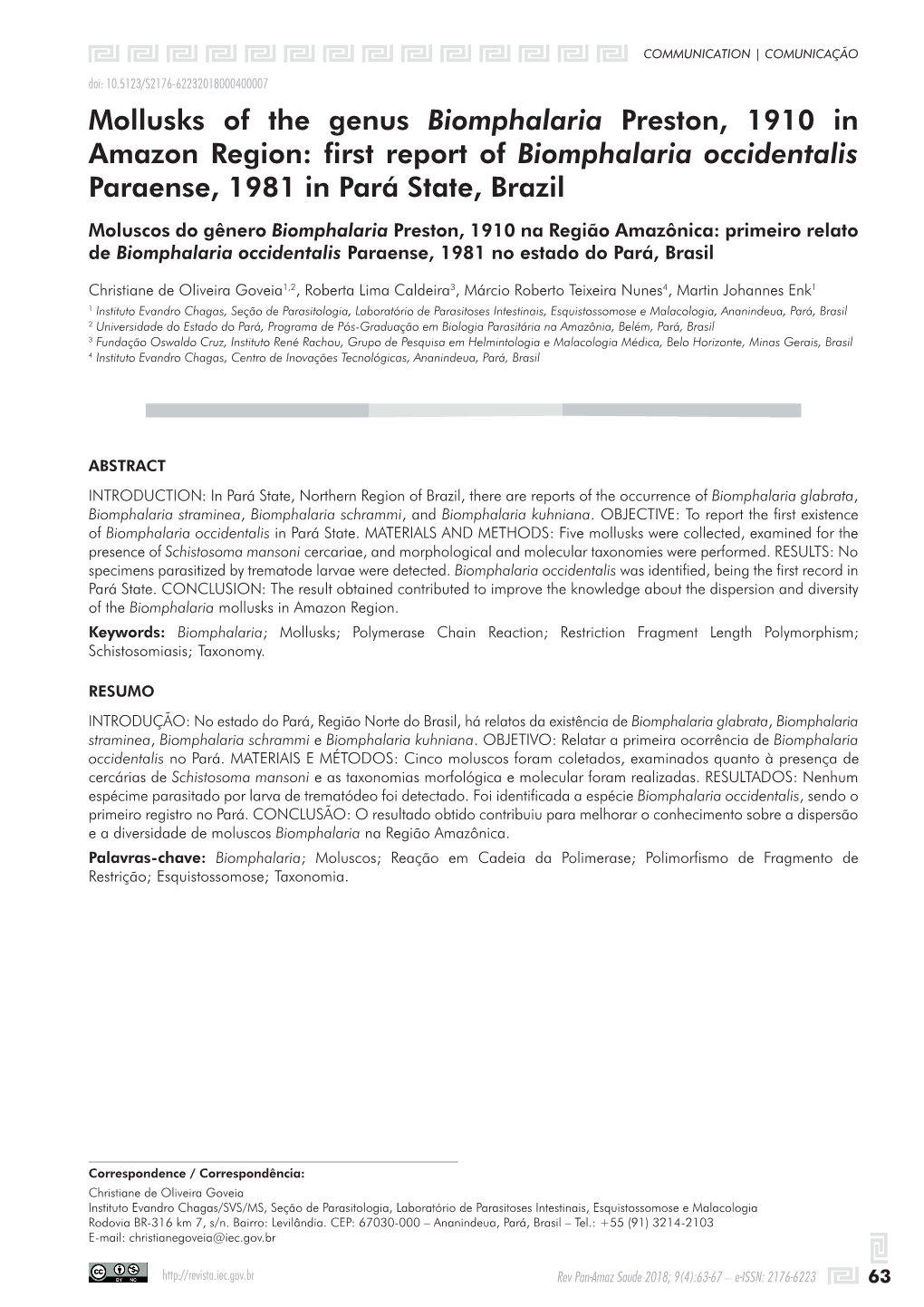 Mollusks of the Genus Biomphalaria Preston, 1910 in Amazon Region: First Report of Biomphalaria Occidentalis Paraense, 1981 in Pará State, Brazil