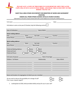 UNDER CALL from SYNOD COUNCIL OR ELCA CHURCH COUNCIL Information on This Form May Be Shared with Other Synod Staff Persons During the Mobility Process
