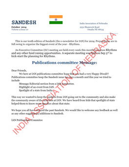 SANDESH India Association of Nebraska October 2014 2531 Shamrock Road Volume 1 Issue 10 Omaha NE 68154