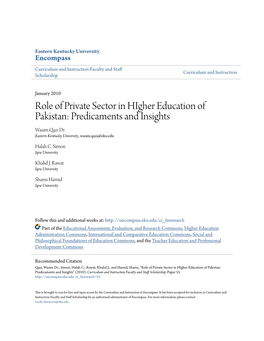 Role of Private Sector in Higher Education of Pakistan: Predicaments and Insights Wasim Qazi Dr