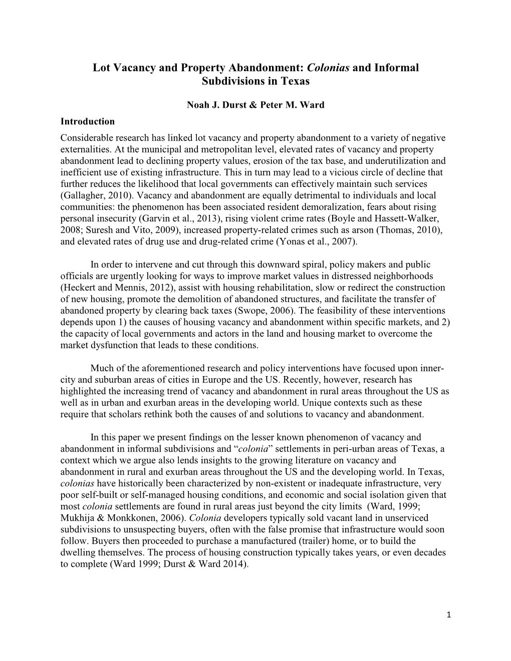 Lot Vacancy and Property Abandonment: Colonias and Informal Subdivisions in Texas