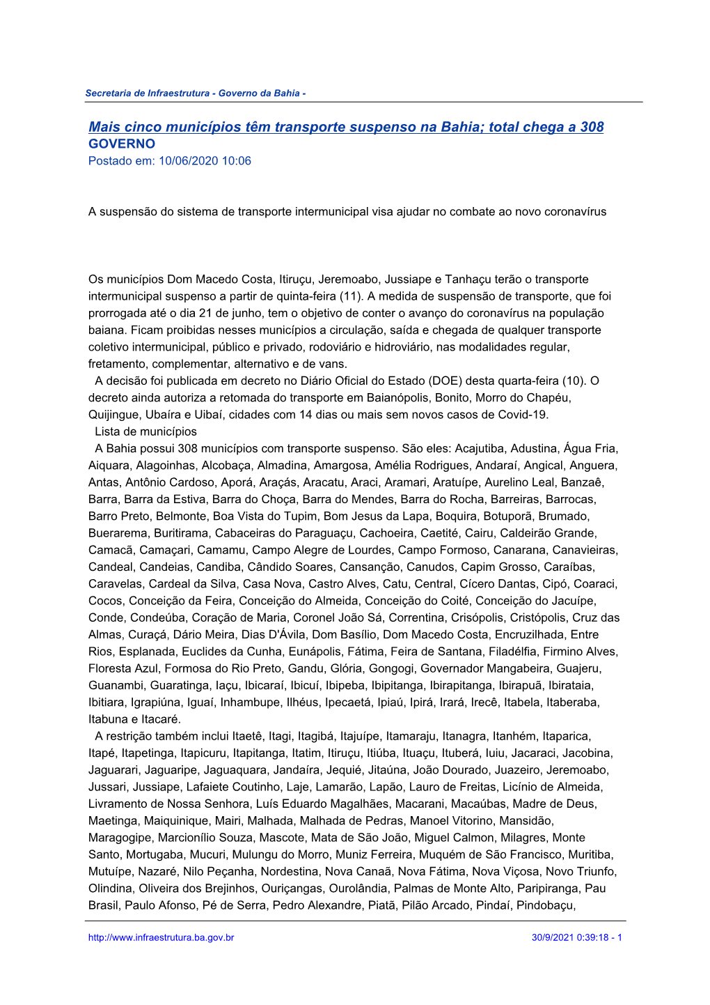Mais Cinco Municípios Têm Transporte Suspenso Na Bahia; Total Chega a 308 GOVERNO Postado Em: 10/06/2020 10:06