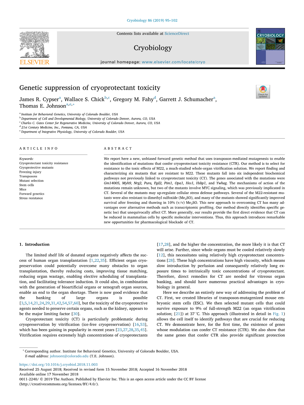 Genetic Suppression of Cryoprotectant Toxicity T James R