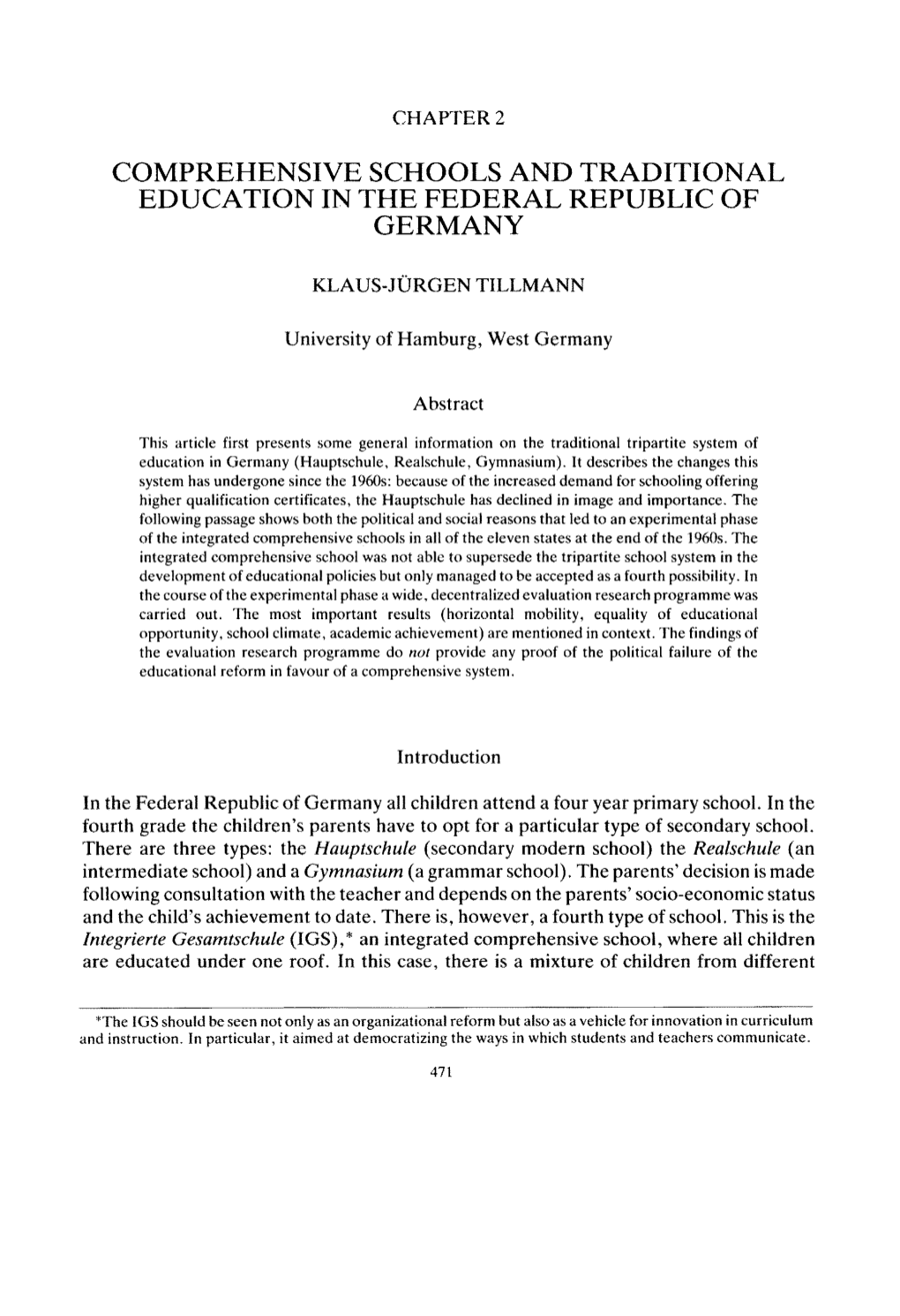 Comprehensive Schools and Traditional Education in the Federal Republic of Germany