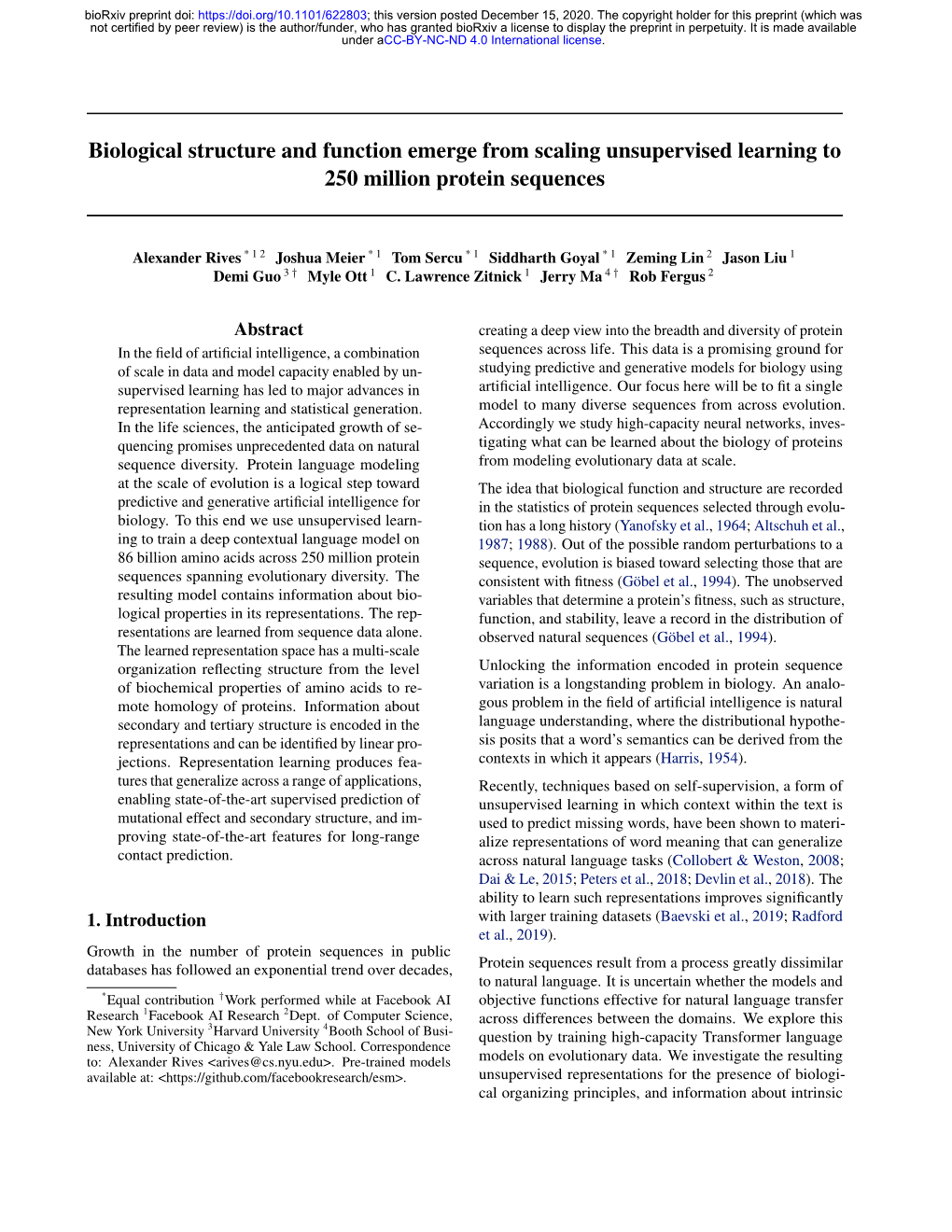 Biological Structure and Function Emerge from Scaling Unsupervised Learning to 250 Million Protein Sequences