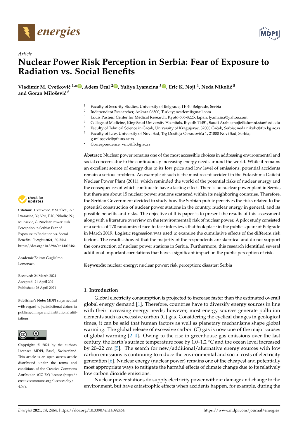 Nuclear Power Risk Perception in Serbia: Fear of Exposure to Radiation Vs