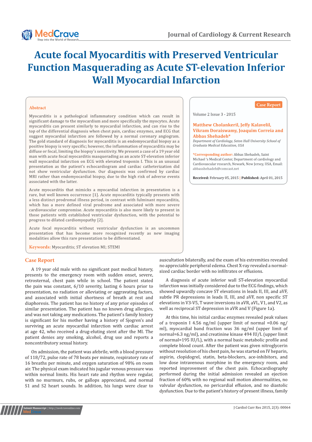 Acute Focal Myocarditis with Preserved Ventricular Function Masquerading As Acute ST-Elevation Inferior Wall Myocardial Infarction