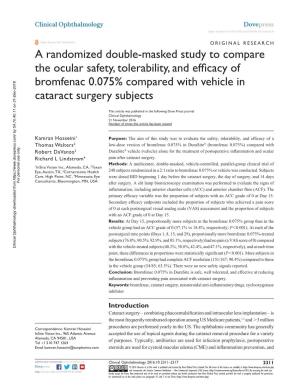 A Randomized Double-Masked Study to Compare the Ocular Safety, Tolerability, and Efficacy of Bromfenac 0.075% Compared with Vehicle in Cataract Surgery Subjects