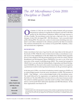 The AP Microfinance Crisis 2010: Discipline Or Death?