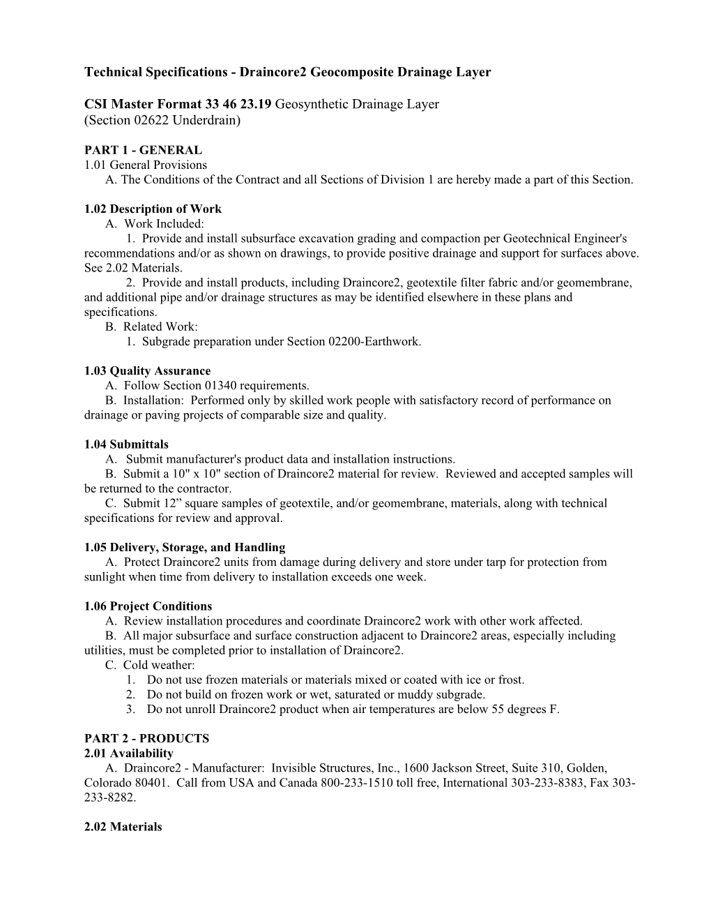 Technical Specifications - Draincore2 Geocomposite Drainage Layer