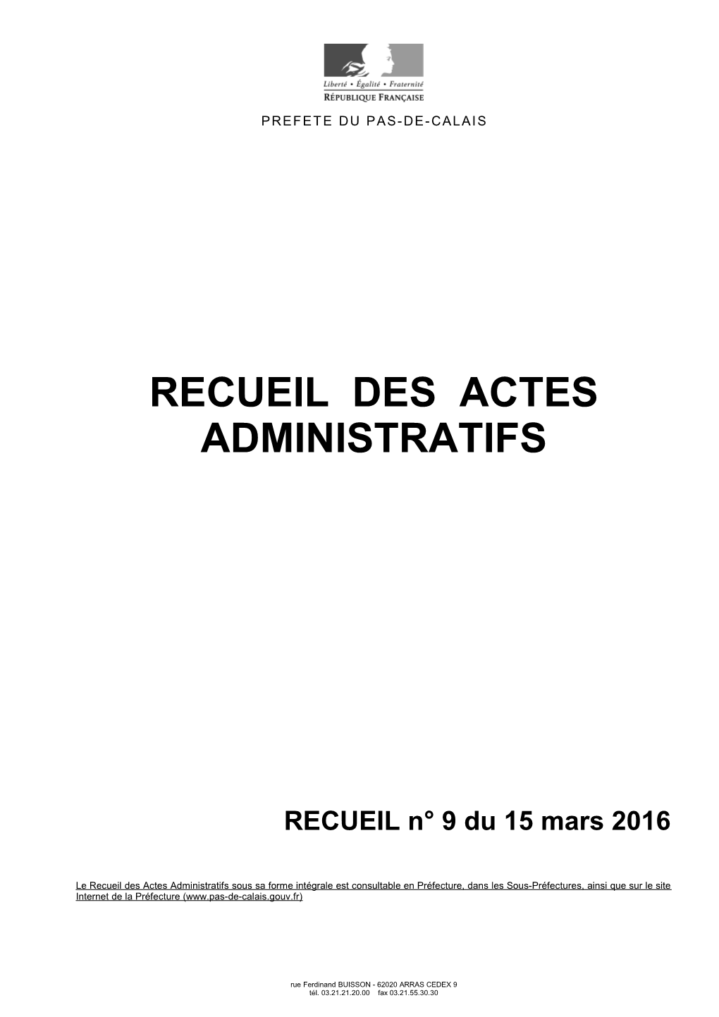 Recueil Des Actes Administratifs N° 9 Du 15 Mars 2016