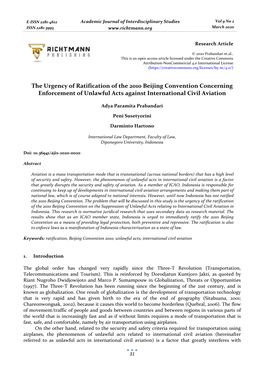 The Urgency of Ratification of the 2010 Beijing Convention Concerning Enforcement of Unlawful Acts Against International Civil Aviation