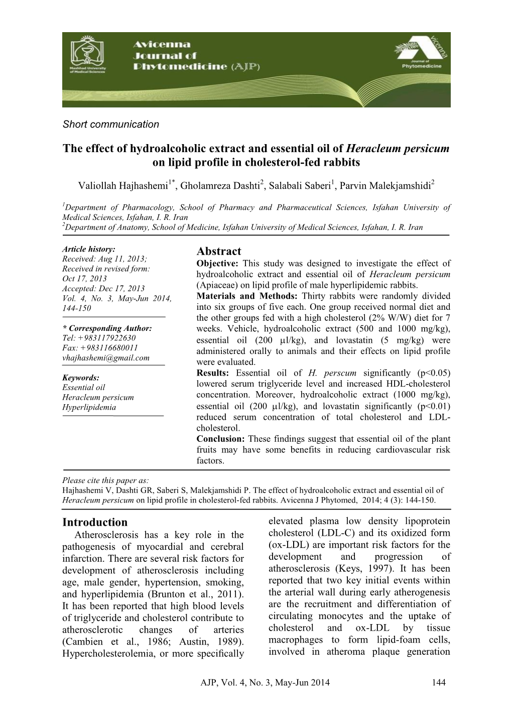 The Effect of Hydroalcoholic Extract and Essential Oil of Heracleum Persicum on Lipid Profile in Cholesterol-Fed Rabbits
