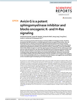 Avicin G Is a Potent Sphingomyelinase Inhibitor and Blocks Oncogenic K- and H-Ras Signaling Christian M