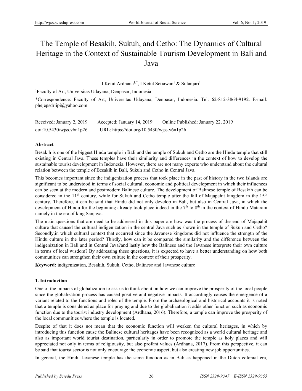 The Temple of Besakih, Sukuh, and Cetho: the Dynamics of Cultural Heritage in the Context of Sustainable Tourism Development in Bali and Java