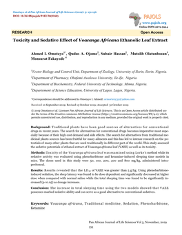 Toxicity and Sedative Effect of Voacanga Africana Ethanolic Leaf Extract