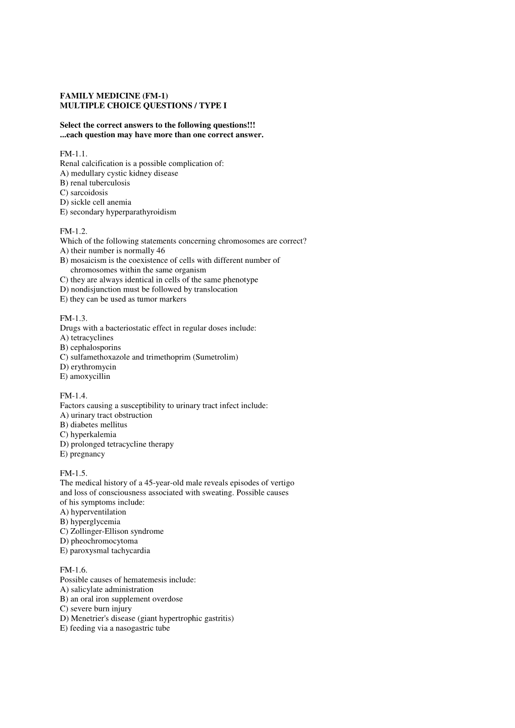 Family Medicine (Fm-1) Multiple Choice Questions / Type I