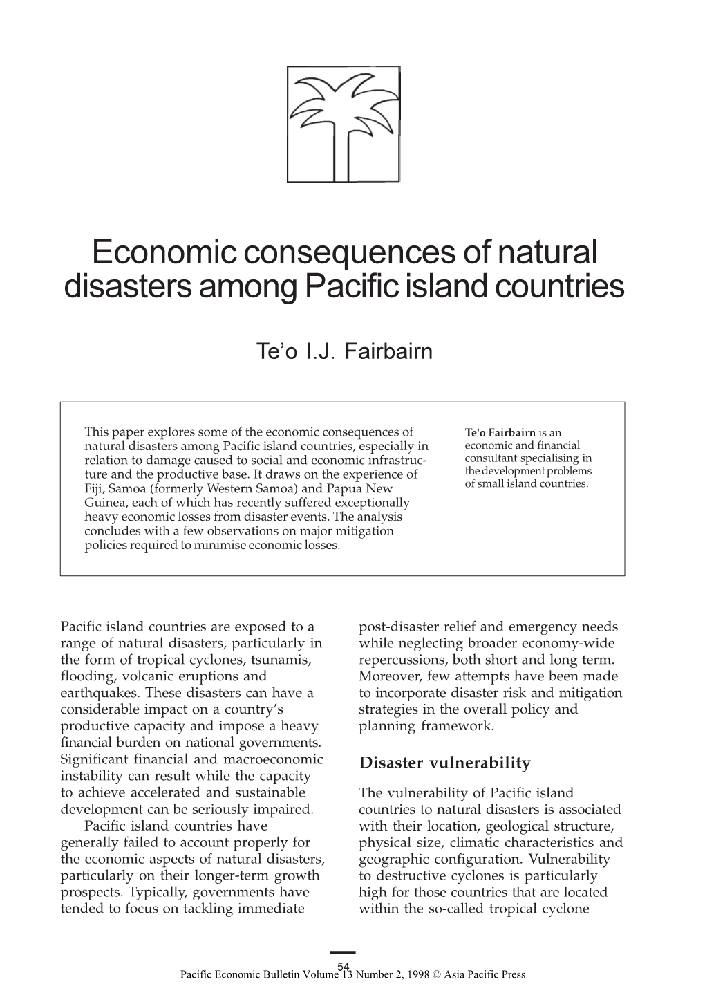 Economic Consequences of Natural Disasters Among Pacific Island Countries