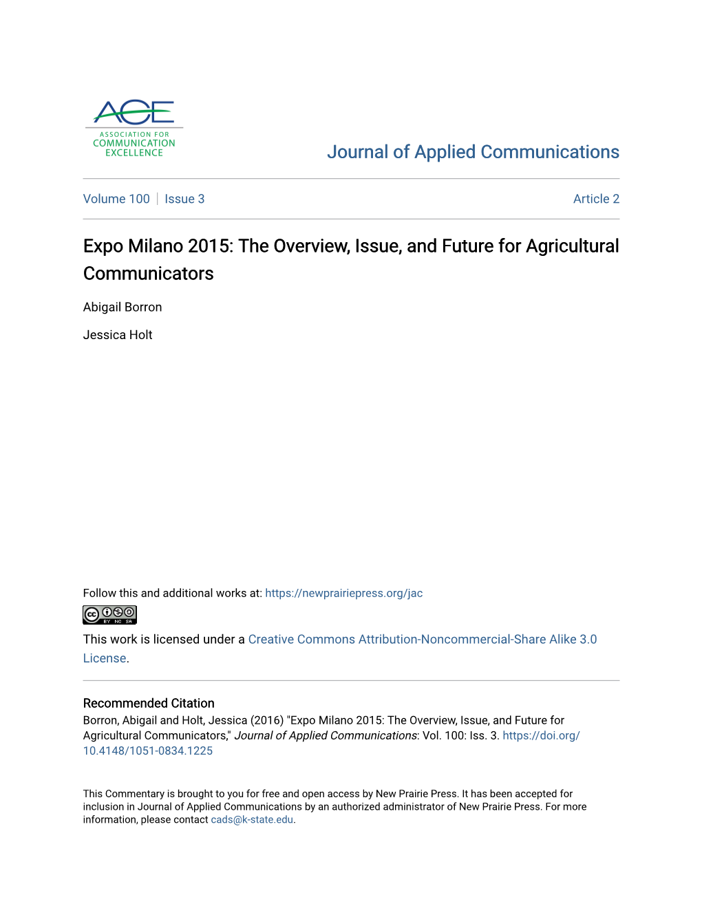 Expo Milano 2015: the Overview, Issue, and Future for Agricultural Communicators