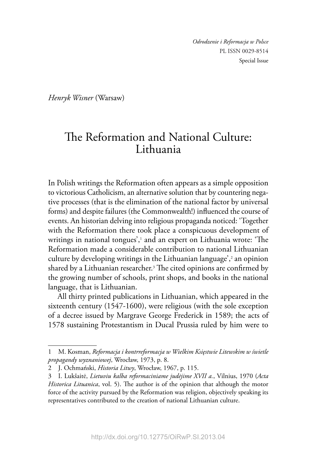 The Reformation and National Culture: Lithuania