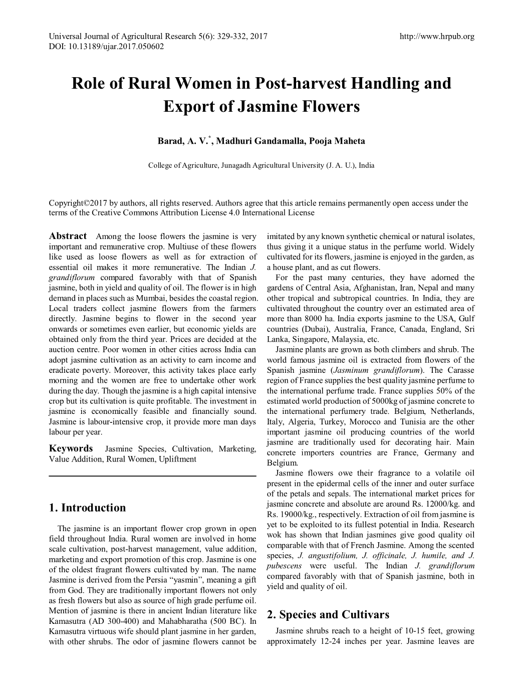 Role of Rural Women in Post-Harvest Handling and Export of Jasmine Flowers